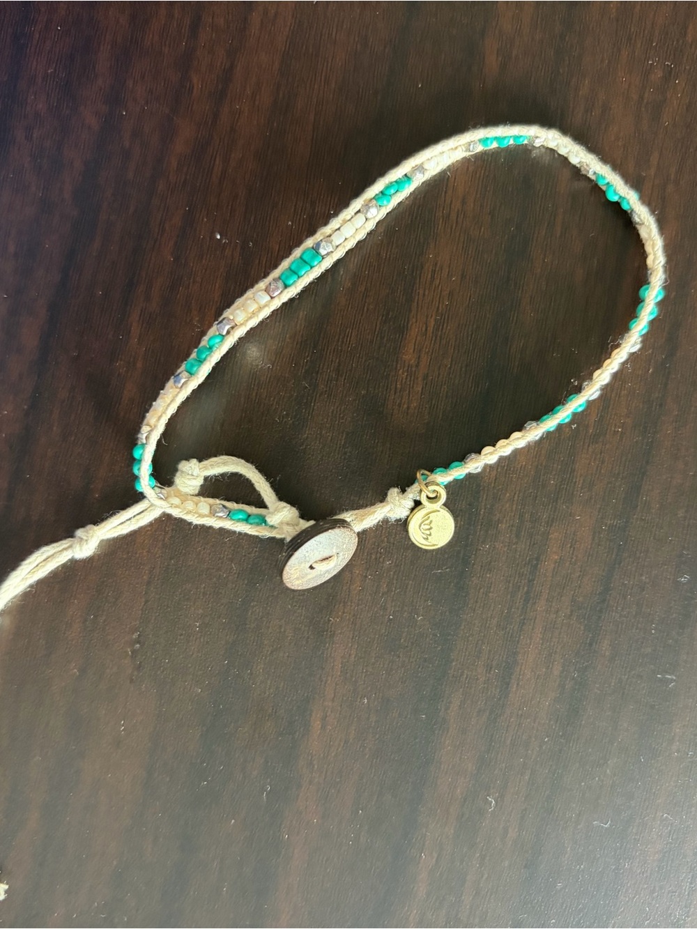 Beige and Turquoise Beaded Anklet with Gold Accent